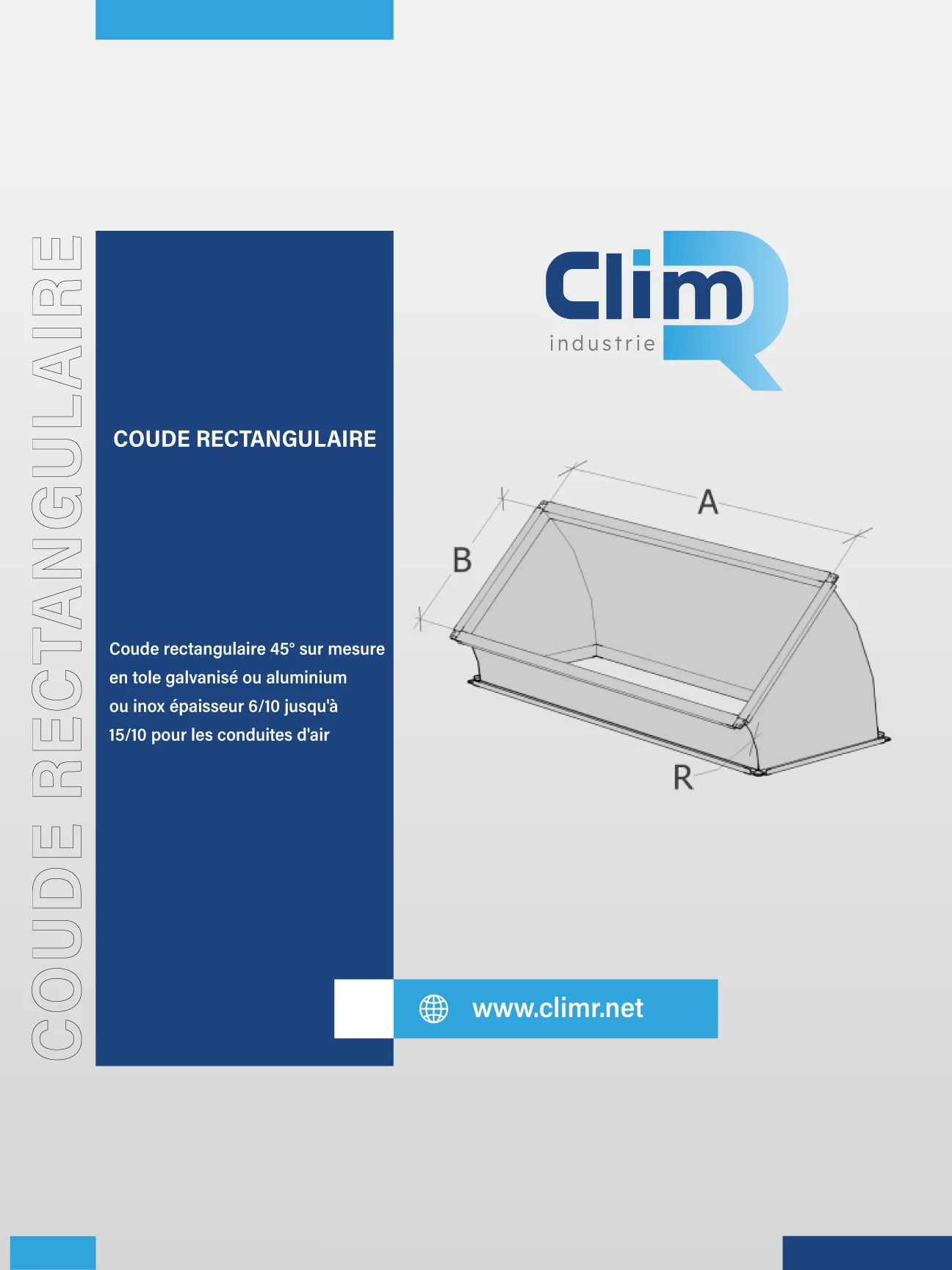 Coude rectangulaire 45° sur mesure en tôle galvanisée, aluminium ou inox pour réseau aéraulique – Clim R Industrie Tunisie